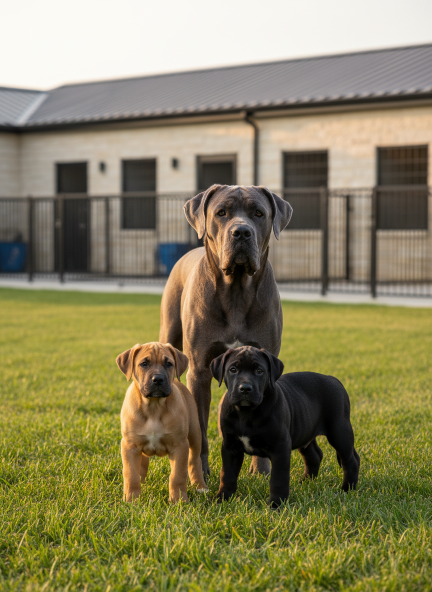 A stately adult Cane Corso with a glossy blue-gray coat stands in a manicured grassy yard beside two robust, well-proportioned Cane Corso puppies, one fawn and one black, both with expressive dark eyes and large paws. Behind them, a clean, modern kennel building with secure runs and neatly arranged outdoor exercise areas stretches into the background. Late afternoon natural light creates a soft golden glow on their muscular frames, with gentle shadows adding depth. Shot at eye level with shallow depth of field so the dogs are crisply in focus while the kennel softly blurs, the photographic realism emphasizes health, strength, and calm temperament in a professional, trustworthy setting.