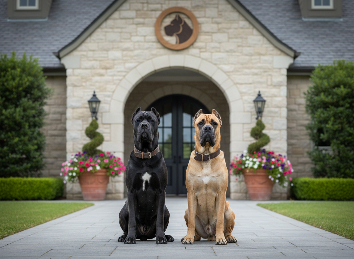 A composed, photographic realism image of two mature Cane Corsos—one black, one fawn—sitting alert and relaxed side by side on a paved path in front of a well-maintained kennel entrance. Their muscular bodies, broad chests, and glossy coats are captured in crisp detail, with collars suggesting readiness for training or family life. The building behind them shows tasteful signage replaced by a simple emblem, flower planters, and immaculate surroundings. Soft overcast daylight provides even, flattering illumination with minimal shadows. Shot at eye level with symmetrical framing, the dogs occupy the central third of the image, exuding confidence, stability, and balanced temperament. The mood is authoritative yet welcoming, ideal for a professional Cane Corso breeding brand.