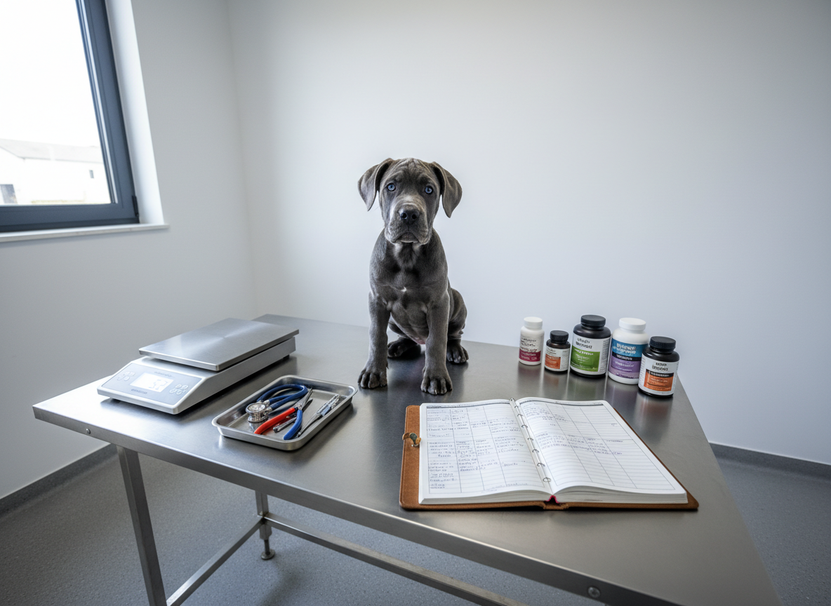 A detailed, photographic realism shot of a Cane Corso puppy health check setup in a kennel office, without any people visible. A sturdy, spotless examination table holds a sitting blue puppy with bright eyes and a shiny coat, looking calm and curious. Around the table are neatly arranged vet tools, a digital scale, labeled supplement bottles, and a professional breeding logbook open to a page of organized notes. Cool, even overhead lighting combines with daylight from a side window, creating clear, clinical illumination without harsh shadows. Framed from a slightly elevated angle to capture both puppy and environment, the image communicates meticulous health monitoring, professional standards, and a serious commitment to responsible Cane Corso breeding.