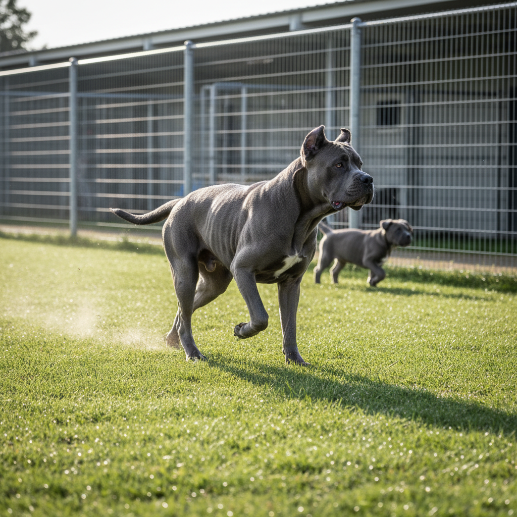 A dynamic, photographic realism scene of a young adult Cane Corso in mid-run across a lush, enclosed grass field, muscles defined beneath a sleek blue-gray coat, ears perked and eyes focused ahead. In the distant background, two puppies chase each other, slightly blurred to emphasize motion and energy. The field is bordered by secure, high fencing and a tidy kennel structure partially visible along one edge. Bright, clear morning sunlight casts crisp shadows beneath the dogs and creates sparkling highlights in the grass. Captured with a fast shutter from a low, side angle, the composition freezes powerful movement, embodying athleticism, vitality, and the robust health of professionally bred Cane Corsos.