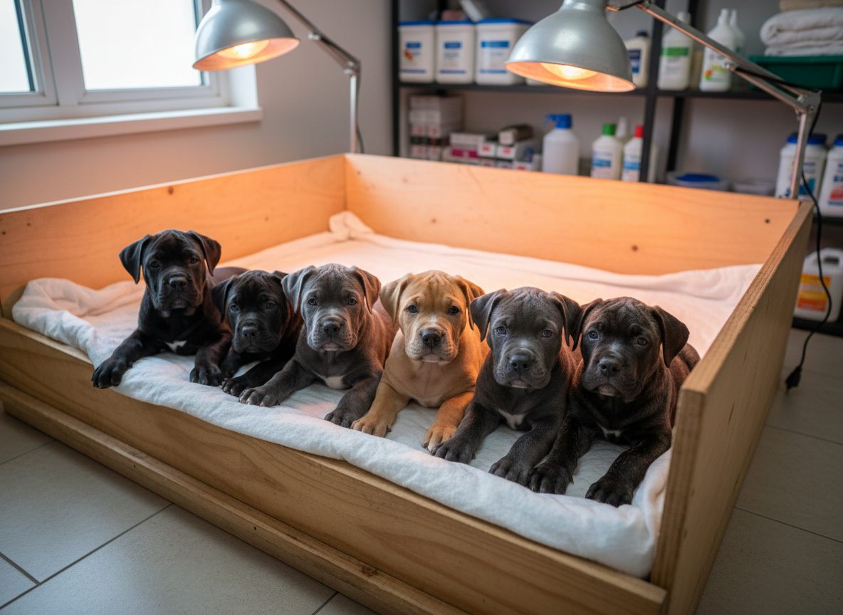 A litter of six Cane Corso puppies in varied colors—black, fawn, blue, and brindle—snuggled together in a large, low wooden whelping box lined with clean, soft white bedding inside a dedicated nursery room. Heat lamps mounted overhead cast a warm, gentle glow, while a nearby window allows a bit of cool daylight, creating balanced, cozy lighting. Each puppy displays distinctive features: thick necks, square muzzles, and heavy paws, all clearly visible in sharp focus. The background shows organized shelves with labeled supplies, puppy formula, and disinfectants. Photographed from a slightly elevated, centered angle with subtle depth of field, the atmosphere is nurturing, orderly, and highly professional, highlighting early care and healthy development.