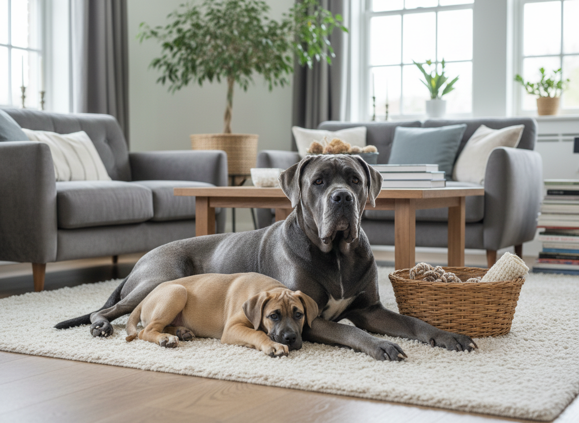 An elegant, photographic realism scene of a Cane Corso resting comfortably in a tastefully furnished living room, demonstrating the breed’s family-friendly temperament. A large, blue-gray adult lies relaxed on a thick, neutral-colored rug, while a fawn puppy curls up against its side, both with calm, attentive expressions. The room features a modern sofa, a few dog toys arranged neatly, and a large window that lets in soft afternoon light, casting gentle highlights on their short, glossy coats. Captured at eye level with a moderate depth of field so the environment is clear but secondary, the mood is warm, secure, and composed, emphasizing how well-socialized Cane Corsos settle into a home environment when bred and raised professionally.