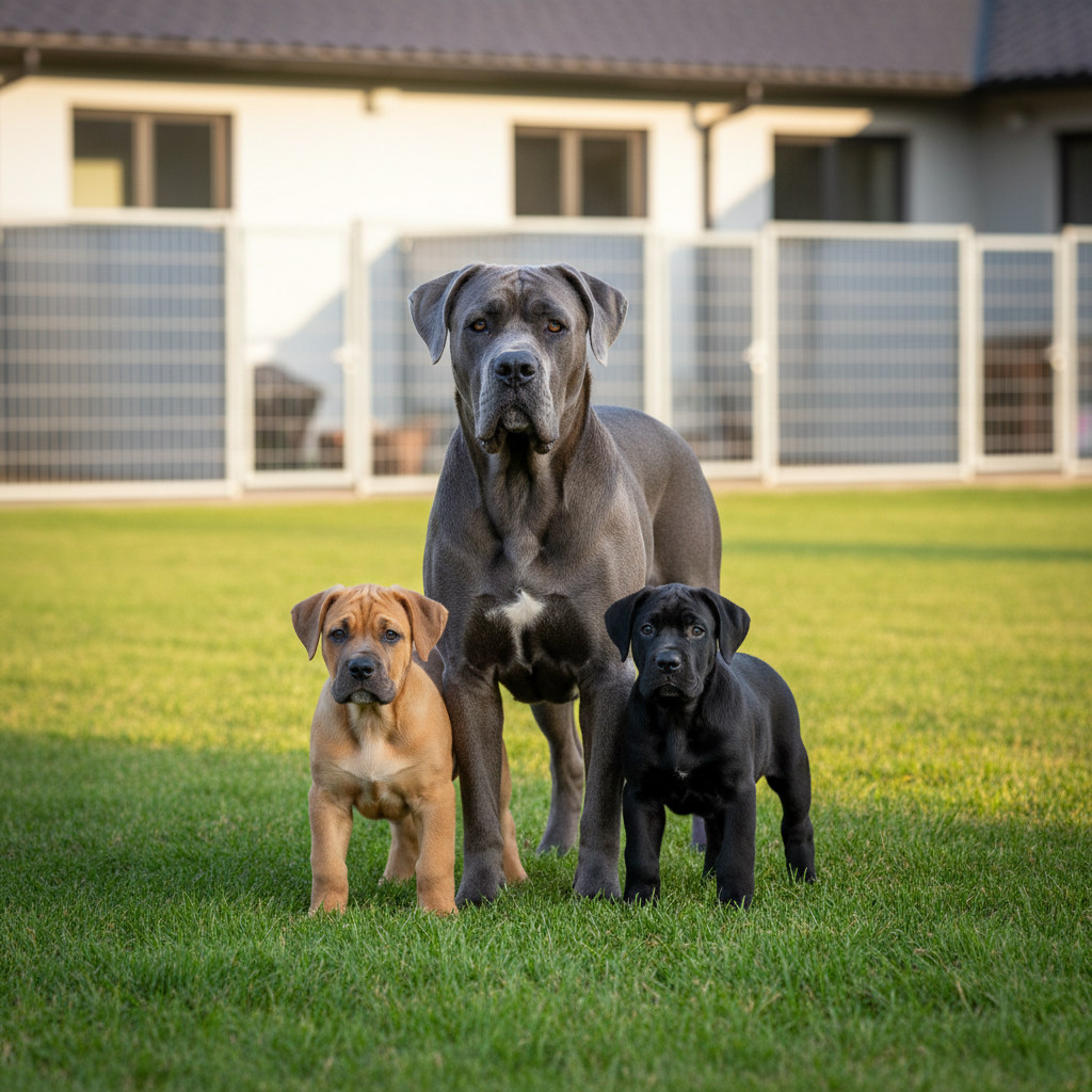 A stately adult Cane Corso with a glossy blue-gray coat stands in a manicured grassy yard beside two robust, well-proportioned Cane Corso puppies, one fawn and one black, both with expressive dark eyes and large paws. Behind them, a clean, modern kennel building with secure runs and neatly arranged outdoor exercise areas stretches into the background. Late afternoon natural light creates a soft golden glow on their muscular frames, with gentle shadows adding depth. Shot at eye level with shallow depth of field so the dogs are crisply in focus while the kennel softly blurs, the photographic realism emphasizes health, strength, and calm temperament in a professional, trustworthy setting.