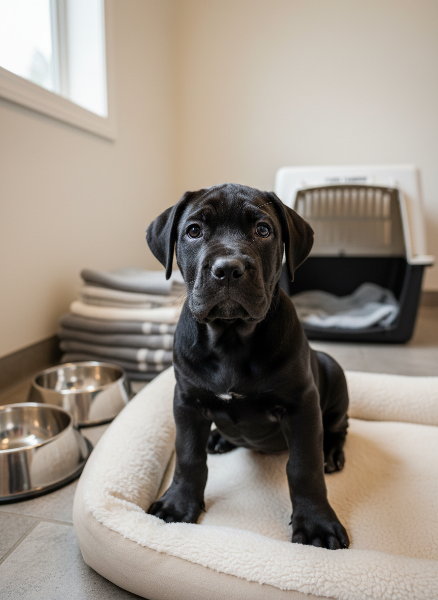 A close-up, photographic realism portrait of a single Cane Corso puppy sitting on a neutral-toned, plush dog bed inside a spotless kennel nursery room. The puppy has a shiny black coat, slightly wrinkled forehead, and round, intelligent eyes looking directly at the camera, ears neatly cropped and paws oversized, hinting at future size. Around the puppy, stainless-steel bowls, neatly stacked blankets, and a labeled crate are softly visible. Diffused overhead lighting and daylight from a nearby window combine to create even, gentle illumination, highlighting the puppy’s healthy coat and relaxed expression. Captured from a slightly elevated angle with a shallow depth of field, the mood is calm, nurturing, and confidently professional.