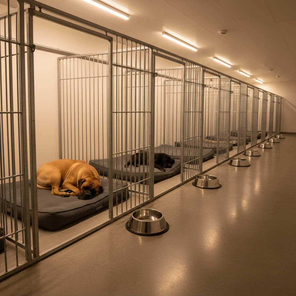 A quiet nighttime kennel scene rendered in photographic realism, showing a row of individual, spacious Cane Corso sleeping areas, each with a large, cushioned bed and stainless water bowl. A fawn adult dog is curled peacefully in the nearest enclosure, visible through a secure gate, while a neighboring space holds a dozing black puppy. Soft, warm overhead LED lighting creates a gentle, uniform glow without harsh contrasts, suggesting 24/7 care. The polished floor reflects faint light trails, and everything appears orderly and clean. Shot from a slightly elevated, diagonal angle to show multiple kennels receding into the background, the mood is tranquil, safe, and reassuring, underscoring the kennel’s commitment to comfort and professional management at all hours.