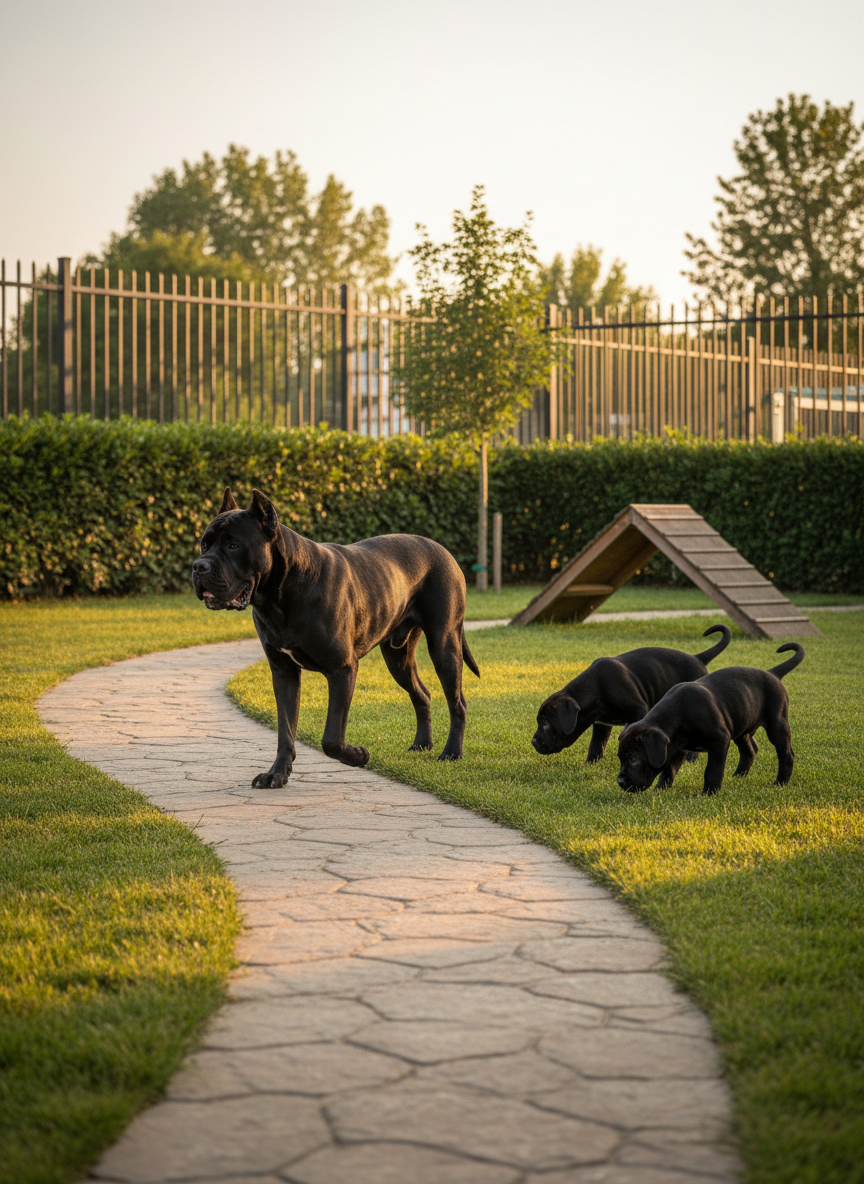 A serene, landscaped outdoor exercise yard at a premium Cane Corso kennel, with an adult black Cane Corso trotting confidently along a stone path while two sturdy, well-built puppies explore nearby grass. The yard features secure fencing, trimmed hedges, and a small agility ramp in the background. Warm golden hour sunlight creates long, soft shadows and a subtle rim light along the dogs’ muscular outlines, emphasizing their athletic build and healthy coats. Shot from a low angle near the ground to accentuate their presence, using the rule of thirds for balanced composition. The photographic realism and calm, orderly environment convey professionalism, responsible breeding, and a focus on health and stable temperament.