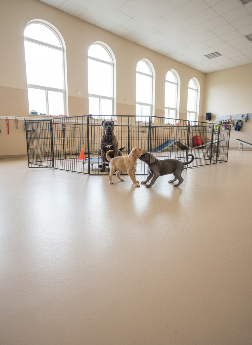 A spacious indoor kennel training area with light-colored, easy-to-clean flooring and sturdy, open exercise pens containing three Cane Corsos: one adult brindle dog calmly observing, and two energetic puppies, one fawn and one blue, play-bowing and interacting. High windows let in bright, diffused natural light that washes the room in a clean, clinical yet welcoming glow, reflecting faintly off metal kennel gates and training equipment neatly stored along the walls. Photographed with a wide-angle lens from one corner, the composition shows depth and organization, with the dogs as the focal point. The atmosphere is structured, professional, and reassuring, communicating attentive care, socialization, and excellent temperament development.